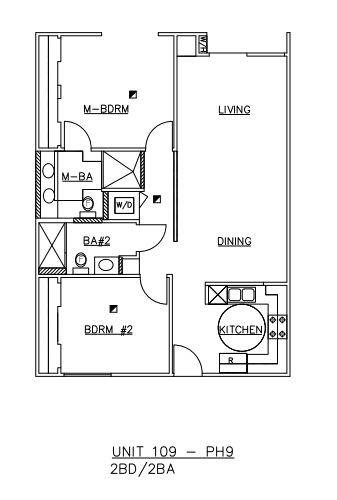 A floor plan of a residential unit with a living room, dining room, kitchen, and two bathrooms.