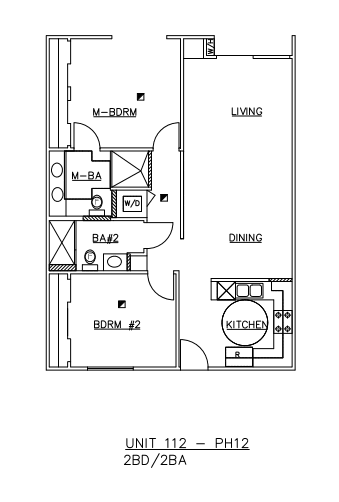 A floor plan of a 2 Bedroom/2 Bathroom unit.