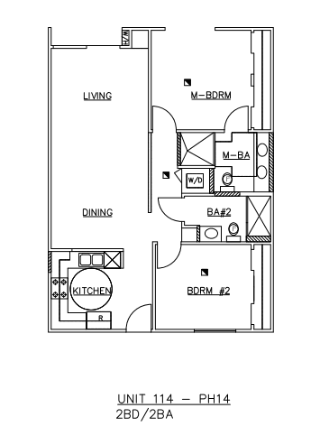 A drawing of a floor plan for a 2 Bedroom/2 Bathroom unit.