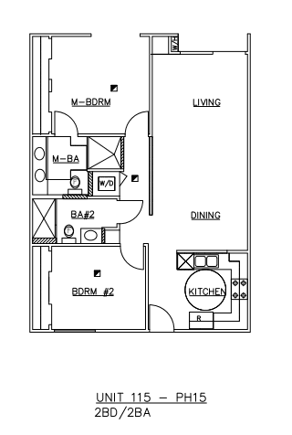 A floor plan of a two bedroom apartment with a living room, dining room, and kitchen.