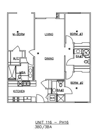A drawing of a floor plan for a 3 bedroom apartment.