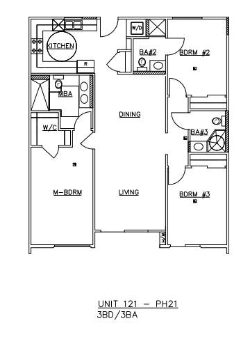 A drawing of a floor plan for a 3 bedroom 3 bathroom apartment.