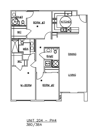 A floor plan of a living area with a kitchen and dining area.