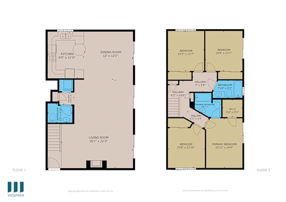 A floor plan of a two-story house with two bedrooms and two bathrooms.