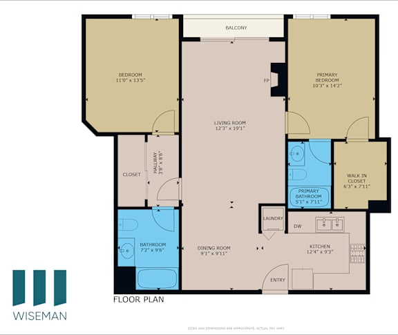 A floor plan of a home with a living room, dining room, kitchen, and two bedrooms.