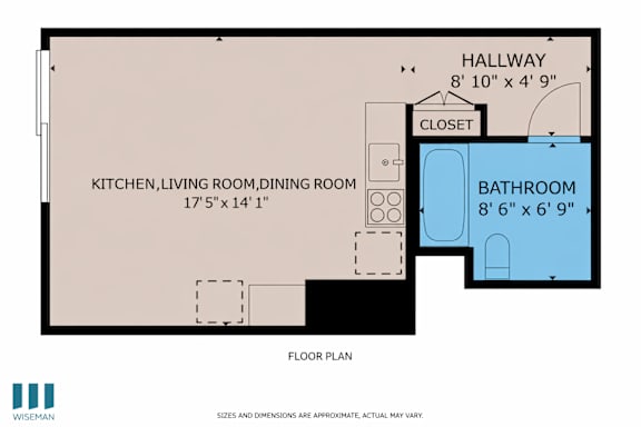 A floor plan shows a kitchen, living room, dining room, bathroom, and closet with their respective dimensions.