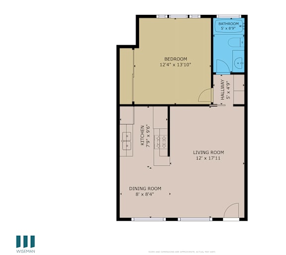 A floor plan of a room with a bedroom, living room, kitchen, and dining room.