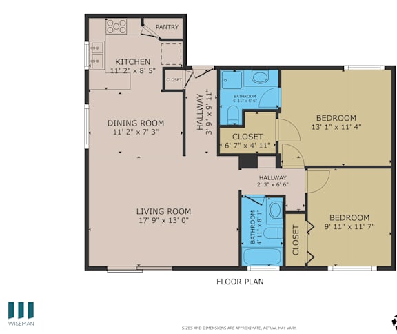 A floor plan of a house with a living room, dining room, kitchen, and two bedrooms.