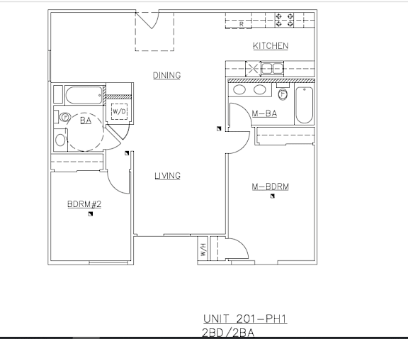 A floor plan of a living space with a kitchen, dining area, and living room.