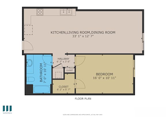 A floor plan of a small apartment with a kitchen, living room, dining room, bathroom, and bedroom.
