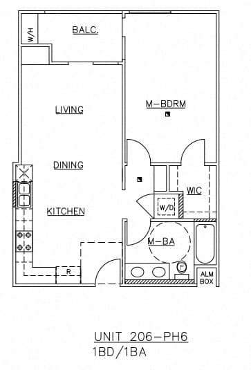 A floor plan of a residential unit with labeled rooms such as living, dining, and kitchen.