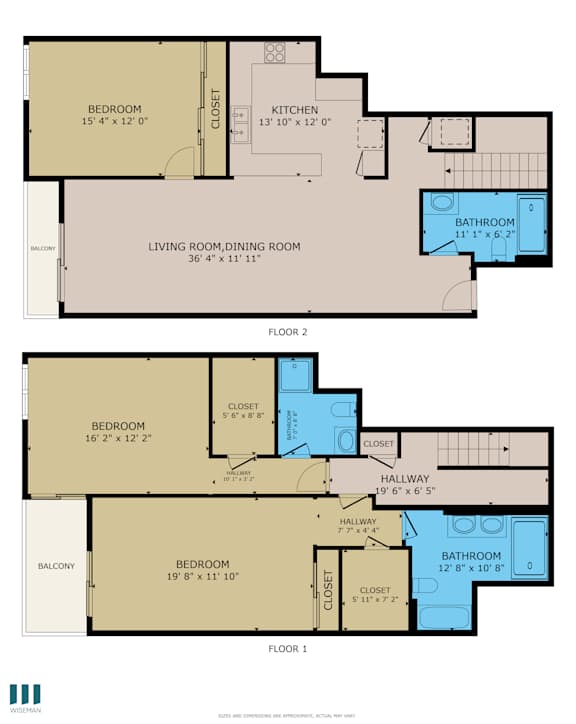 A floor plan for a two-story home with two bedrooms, two bathrooms, a living room, dining room, kitchen, and a balcony.