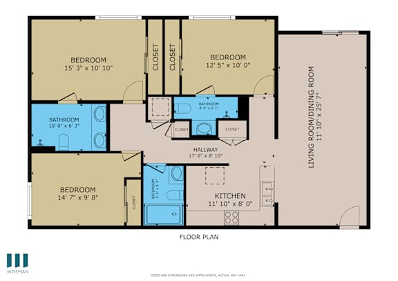 A floor plan of a house with four bedrooms, a bathroom, a kitchen, a dining room, and a hallway.