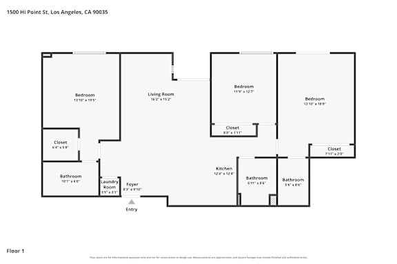A floor plan of a two-bedroom, two-bathroom apartment.