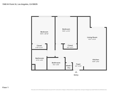 A floor plan of a two-bedroom, one-bathroom apartment.