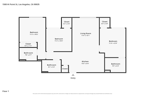 A floor plan of a one bedroom apartment.