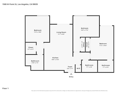 A floor plan of a two-bedroom, one bathroom apartment.