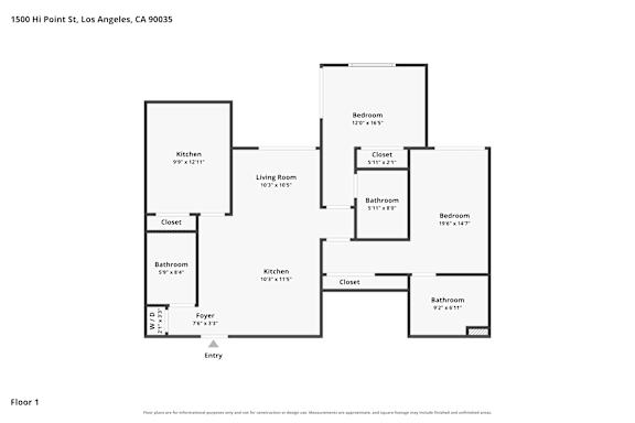 A floor plan of a two-bedroom, two-bathroom apartment.
