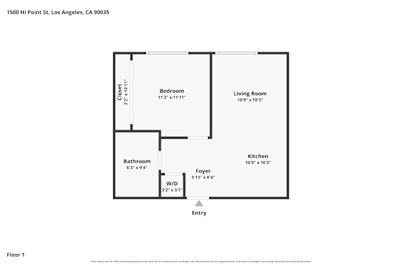 A floor plan of a one bedroom apartment.