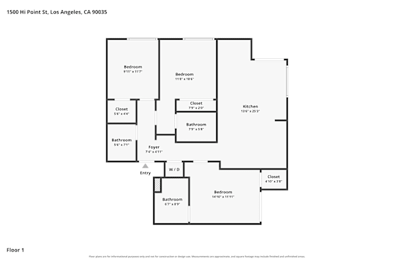A floor plan of a house with two bedrooms, two bathrooms, a kitchen, a foyer, and an entry.