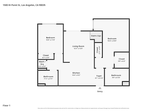 A floor plan of a two-bedroom apartment at 1500 HI Point St, Los Angeles, CA 90035.
