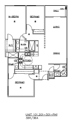 A floor plan of a unit with a living room, dining room, and kitchen area.