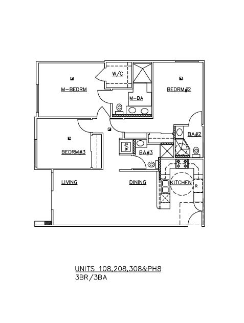 A floor plan of a residential unit with labeled rooms and appliances.