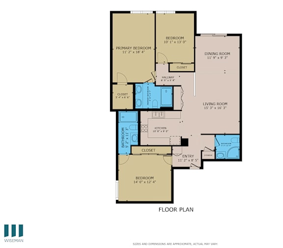 A floor plan of a house with a living room, dining room, kitchen, and two bedrooms.