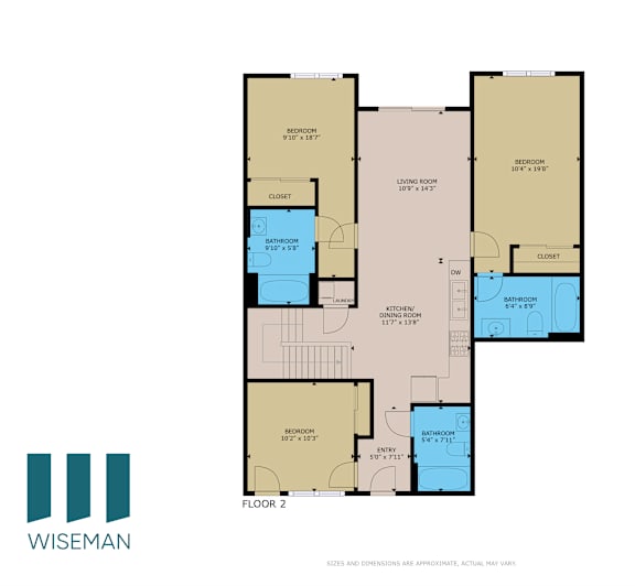 A floor plan for a Wise Man property shows two bedrooms, a living room, a bathroom, a kitchen, and an entry area.
