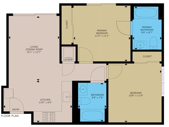 A floor plan of a house with a laundry room, kitchen, and three bedrooms.