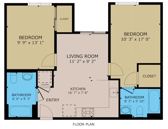 A floor plan of a house with two bedrooms, a living room, a kitchen, a bathroom, and a laundry area.