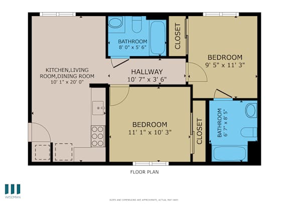 A floor plan of a home with a kitchen, living room, dining room, and two bedrooms.