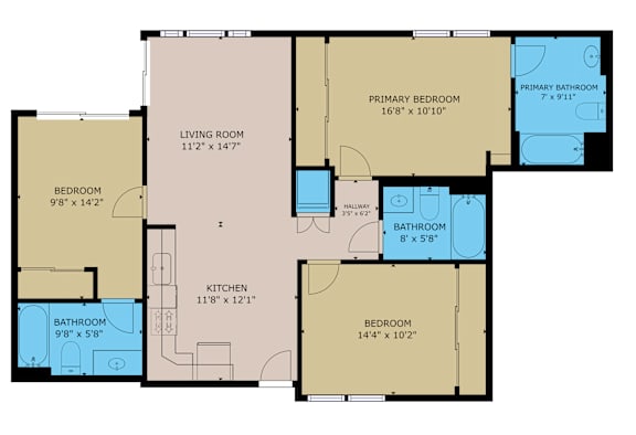 A floor plan of a house with labeled rooms and their dimensions.
