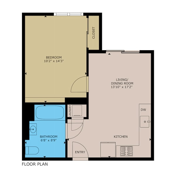 A floor plan of a room with a bedroom, bathroom, living/dining room, kitchen, and entry.