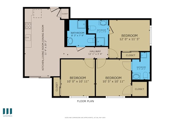 A floor plan of a house with three bedrooms, a kitchen, a dining room, and a hallway.