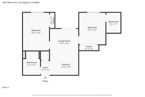 A floor plan of an apartment at 3557 Motor Ave, Los Angeles, CA 90034.