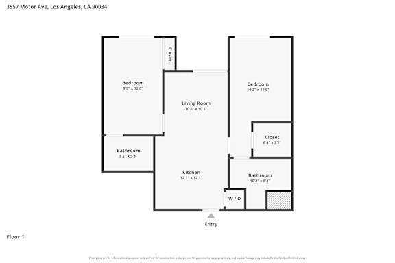 A floor plan of an apartment at 3557 Motor Ave, Los Angeles, CA 90034.