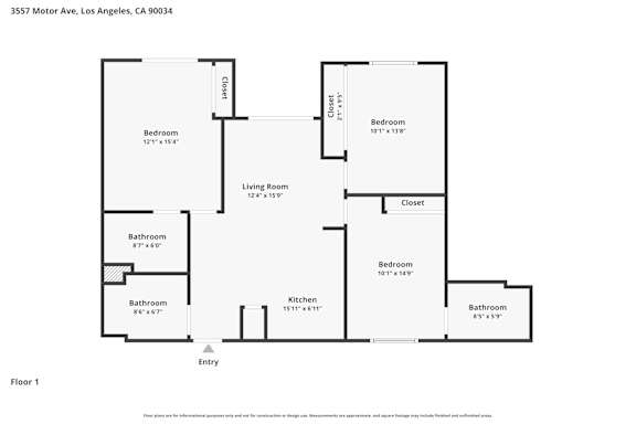 A floor plan of an apartment at 3557 Motor Ave, Los Angeles, CA 90034.