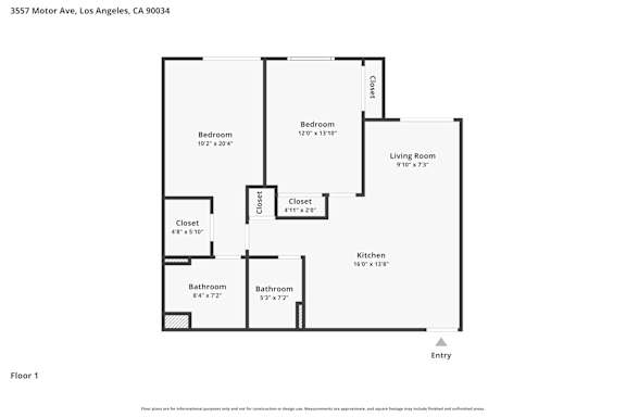 A floor plan of an apartment at 3557 Motor Ave, Los Angeles, CA 90034.