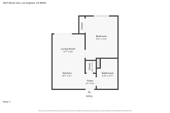 A floor plan of an apartment at 3557 Motor Ave, Los Angeles, CA 90034.
