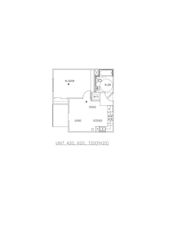 A drawing of a kitchen layout with a sink, stove, and cabinets.
