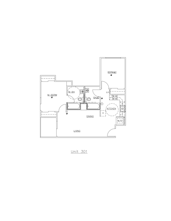A drawing of a floor plan labeled Unit 301.