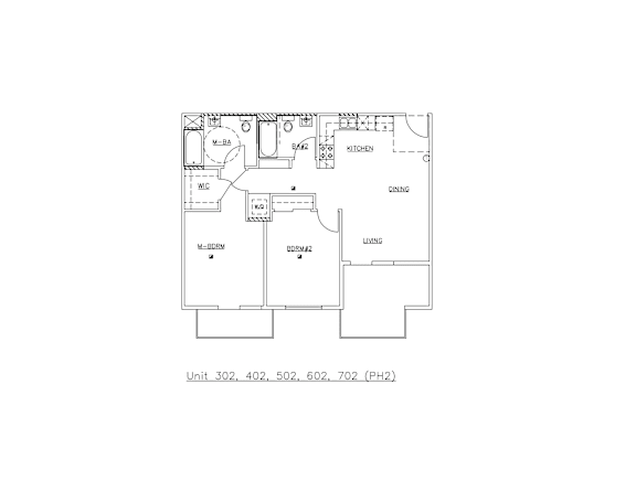 A floor plan of a unit with a kitchen, living room, and two bedrooms.