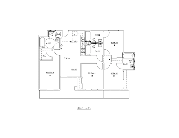 A floor plan of a unit with labeled rooms and appliances.