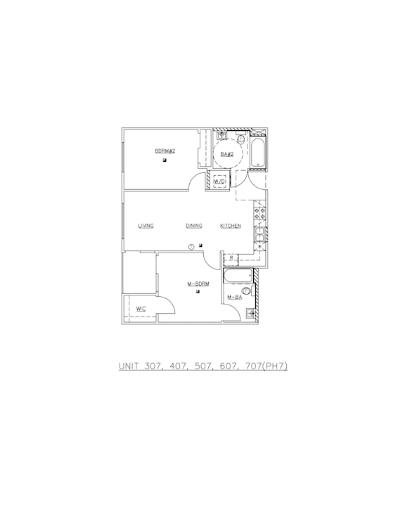 A floor plan of a unit with a living room, dining room, kitchen, and bathroom.