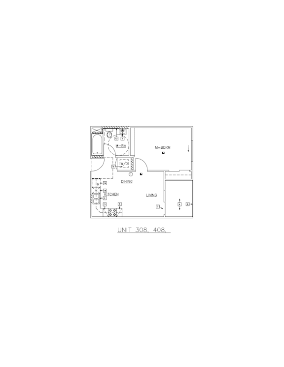 A black and white diagram of a floor plan for Unit 308, 408.