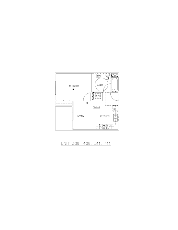A diagram of a floor plan with a kitchen, living room, and bathroom.