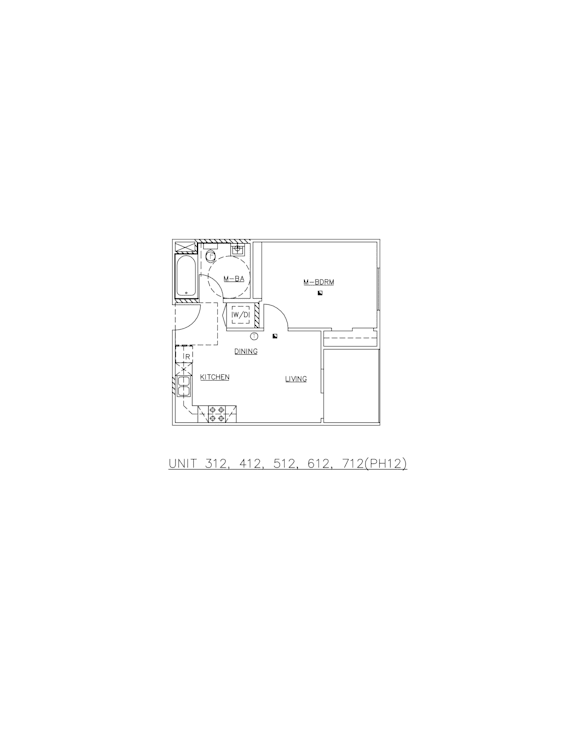A drawing of a room with a kitchen and a living room.