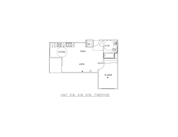 A floor plan of a kitchen with dining area and a living room.