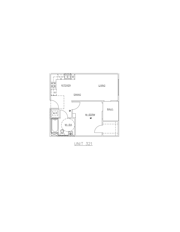 A drawing of a floor plan for Unit 321 showing the layout of a kitchen, dining area, living room, and bathroom.